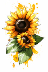 Sticker - Two vibrant sunflowers with yellow petals and dark centers, surrounded by splashes of orange paint, creating a cheerful and artistic floral design.