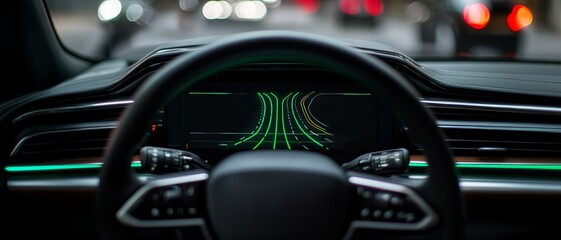 Poster - Future consumer efficiency concept. Modern car dashboard with green light display and blurred traffic in background.