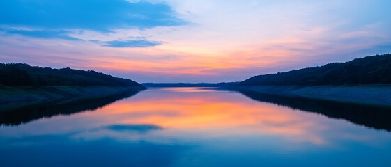 Wall Mural - Burnout recovery mental concept. Serene sunset reflected on a calm river with gentle hills in the background.