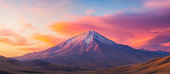Wall Mural - Majestic mountain silhouette against a vibrant sunset sky featuring shades of pink, purple, and orange with soft clouds enhancing the landscape.