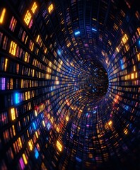 Poster - Abstract digital tunnel of glowing colorful data streams and information.