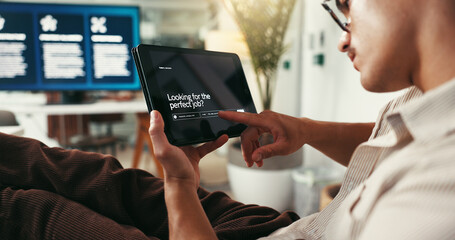 Aufkleber - Tablet, reading and man relax in home for job hunt online with career development website. Digital technology, research and male person with web design portfolio for recruitment post in house.