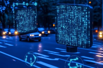 Poster - Futuristic Cityscape with Digital Data Streams and Autonomous Vehicle Technology