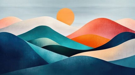 Wall Mural - An abstract gradient of warm, earthy hues shaping the contours of rolling hills. Minimalist landscape, rooted tranquility. Abstract art with bold contrasts.