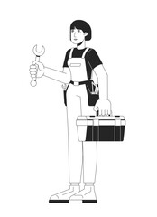 Fototapete - Female mechanic holding wrench and toolbox linear illustration. Repairwoman handywoman. Workshop occupation. Plumber woman asian 2D line character isolated on white. Monochrome vector outline image