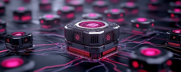 Poster - Futuristic Network of Interconnected Black Cubes with Pink Illumination
