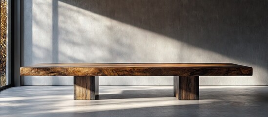 Wall Mural - Elegant wooden table positioned on a minimalist gray floor in a modern bathroom, featuring warm wood tones and soft natural lighting.