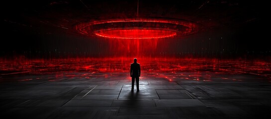 Poster - Silhouetted Figure Contemplating a Glowing Red Futuristic Structure