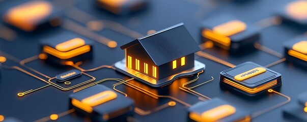 Poster - Smart Home Connected to Network; Illuminated House Model on Circuit Board