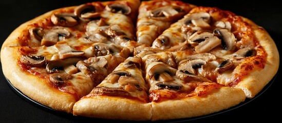 Sticker - Delicious homemade pizza with golden crust topped with mushrooms and cheese, expertly sliced, set against a dark background for contrast.