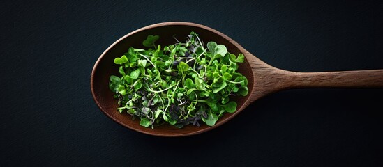 Wall Mural - Fresh microgreens arranged in a wooden spoon against a dark background, vibrant green colors highlighting their delicate texture and natural beauty.