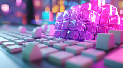 Poster - Glowing cubes on keyboard; tech background