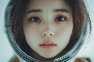 Aufkleber - Portrait of a woman in an astronaut helmet against a soft backdrop capturing the essence of space exploration