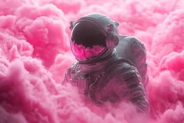 Poster - Astronaut exploring vibrant pink clouds in a surreal extraterrestrial environment