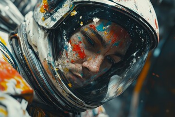Poster - Astronaut covered in vibrant paint exploring a colorful alien landscape during an artistic mission