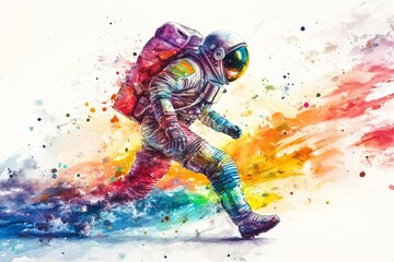 Aufkleber - Colorful astronaut running through a cosmic landscape with vibrant brush strokes and splashes of color