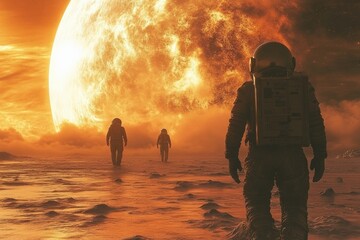 Poster - Three astronauts exploring a distant alien landscape under the glow of a massive star