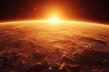 Poster - Solar sunrise over the surface of Mars illuminating the rugged terrain and casting an orange glow on the reddish planet