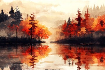 Poster - Majestic autumn landscape with vibrant trees reflected in calm water during sunset