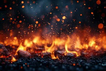 Poster - Flames dance over glowing coals in a dramatic display of heat and energy at night