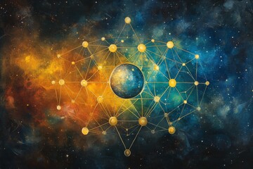 Poster - Cosmic network illustration showcasing a vibrant universe with gold nodes and interconnected lines in a galaxy setting