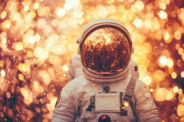 Poster - Astronaut in glowing golden environment surrounded by sparkling lights and vibrant cosmic reflections