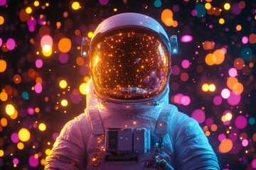 Poster - Astronaut surrounded by colorful lights in a cosmic setting evokes a sense of wonder and exploration