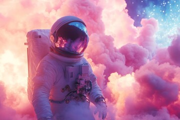 Poster - Astronaut explores a colorful cosmic landscape filled with vibrant clouds and shimmering stars