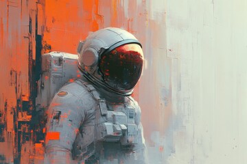 Poster - Astronaut standing against a vibrant abstract background with orange and white hues in a futuristic environment
