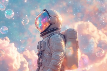 Aufkleber - Astronaut floats among colorful bubbles in a dreamy cosmic landscape
