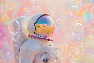Aufkleber - Astronaut in a colorful, dreamlike setting surrounded by bubbles under a pastel sky