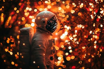 Poster - Astronaut exploring a glowing landscape filled with colorful lights and sparkles at night
