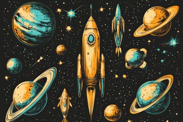 Poster - Colorful vintage rockets traveling through a galaxy filled with planets and stars