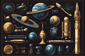 Poster - Exploration of the solar system with detailed cosmic illustrations and spacecraft designs