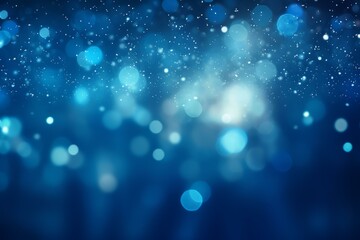 Poster - Abstract blue bokeh background with falling snow particles creating a magical winter atmosphere