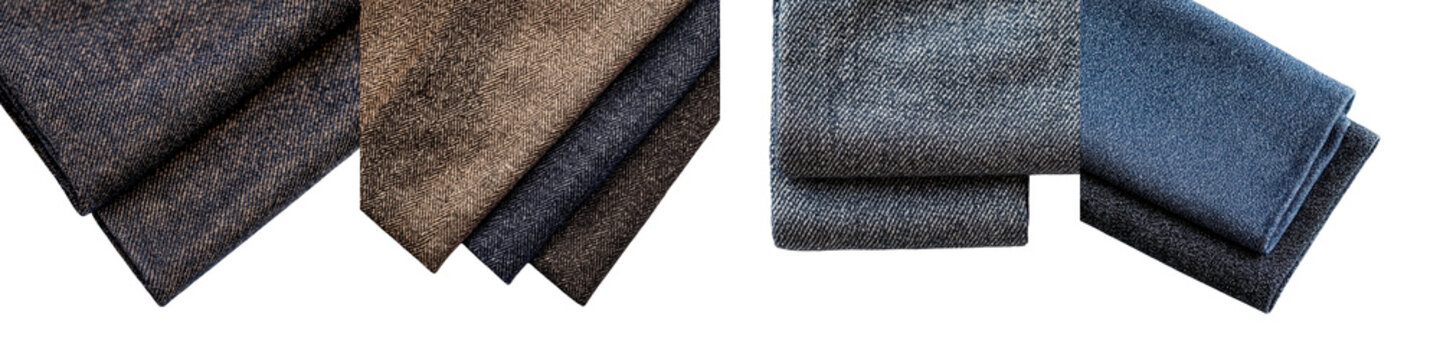 Diverse collection of various fabric swatches and material samples including cotton wool silk velvet tweed linen suede and corduroy showcasing an array of patterns textures and color tones