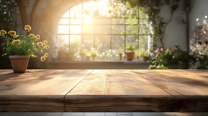 Wall Mural - Sunlit indoor garden scene with wooden table and potted flowers, creating a serene atmosphere