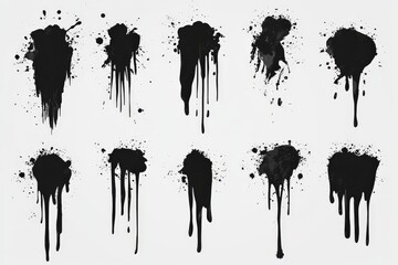 Poster - Black ink splatters on white background showcasing various drip patterns and textures