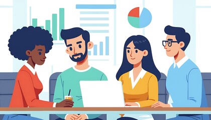 Poster - Diverse Business Team Collaborating on Project with Laptop and Charts