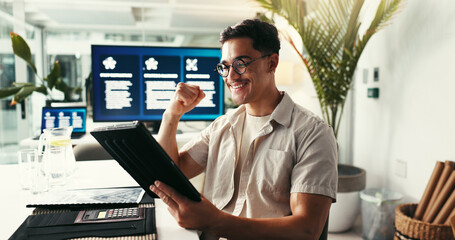 Aufkleber - Office, excited and man with tablet, good news or online notification for business budget success. Wow, yes and happy financial consultant at desk with digital app, connection and winning celebration