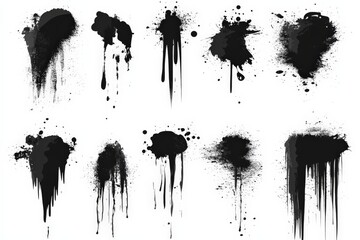 Poster - Black paint splatters and drips on a white background for artistic creativity and design projects