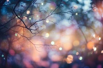 Poster - Beautiful bokeh effect created by bare branches and colorful lights in the background, perfect for dreamy and romantic projects