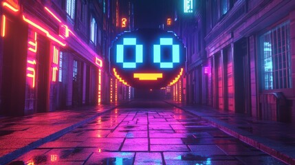 Wall Mural - Pixelated smiley floats down neon city street at night