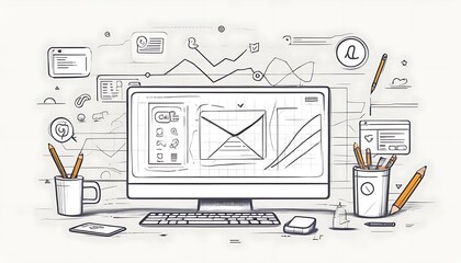 Poster - Sketch of a Desktop Computer with Email Design and Marketing Data