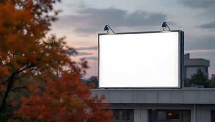 Wall Mural - blank billboard on rooftop at dusk, autumn leaves in foreground