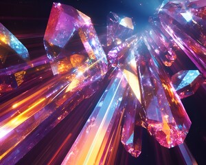 Wall Mural - Abstract crystalline shapes refracting colorful light beams in a futuristic digital aesthetic