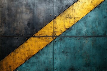 Poster - Striking contrast of black, yellow, and teal metal surface with geometric patterns in urban setting