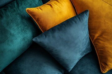 Aufkleber - Soft textures and vibrant colors of cushions arranged on a cozy couch in a modern living space