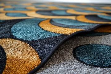 Poster - Colorful geometric rug placed on a modern floor with abstract patterns and textures showcasing vibrant hues