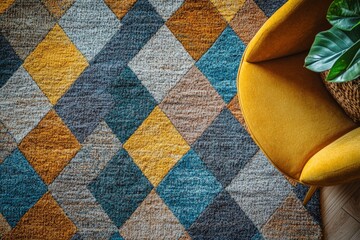 Aufkleber - Colorful geometric rug complements a cozy yellow chair in a warm interior setting